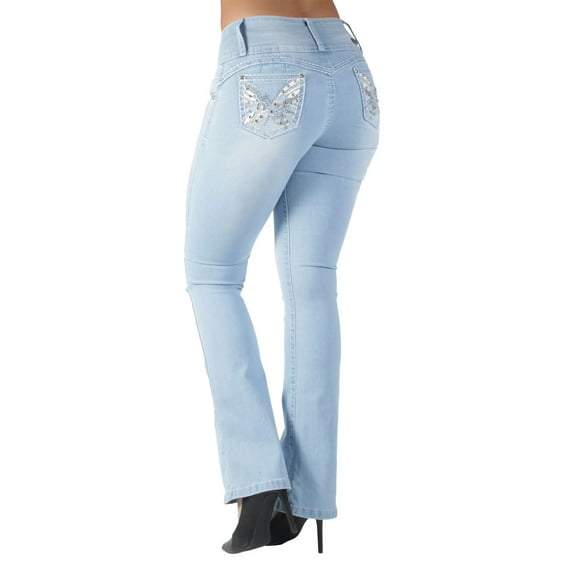 Fashion2Love Womens Juniors Butt Lift Mid Waist Ripped Distressed Boot Leg Jeans