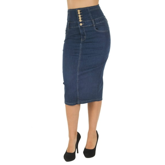 Fashion2Love Womens Juniors / Plus Size High Waist Long / Knee Length Midi Pencil Denim Skirt
