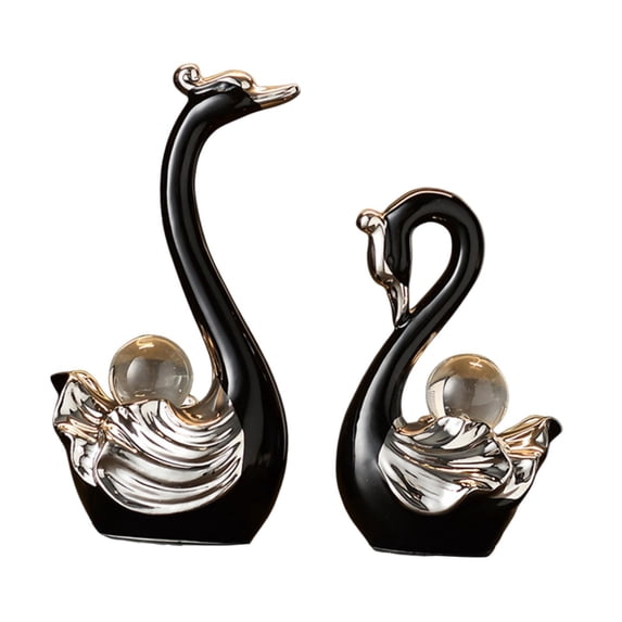 FashionCha 2 Pieces Swan Sculpture Ceramic Figurine Artwork Decorative Crafts Animal Statue Black