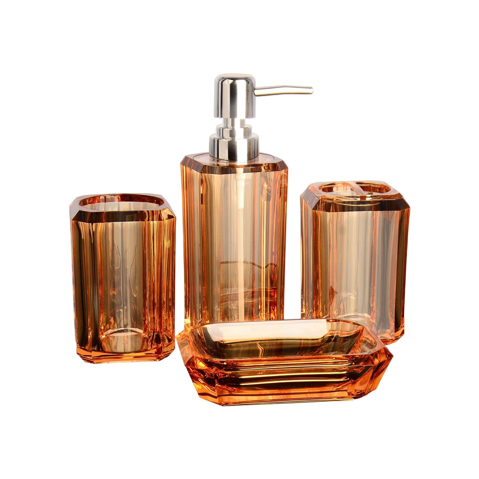 FashionCha 4 Bath Accessory Soap Dispenser Clear Lotion Bottle Vanity Accessory Set Toilet Light Brown