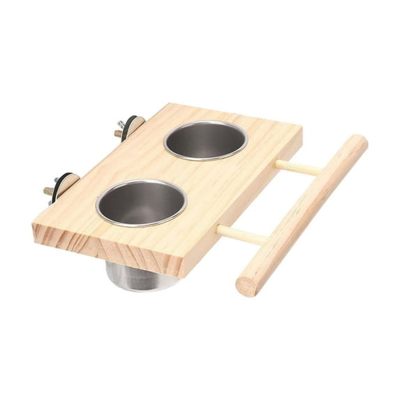FashionCha Bird Feeder Bird Perch with Wooden Platform Wood Food Water Dish Feeder Cup Bowl Double bowl