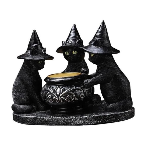 FashionCha Black Cat Tealight Candle Holder Gothic Figurine Desk Candelabrum Halloween Candlestick for Festival Living Room Housewarming