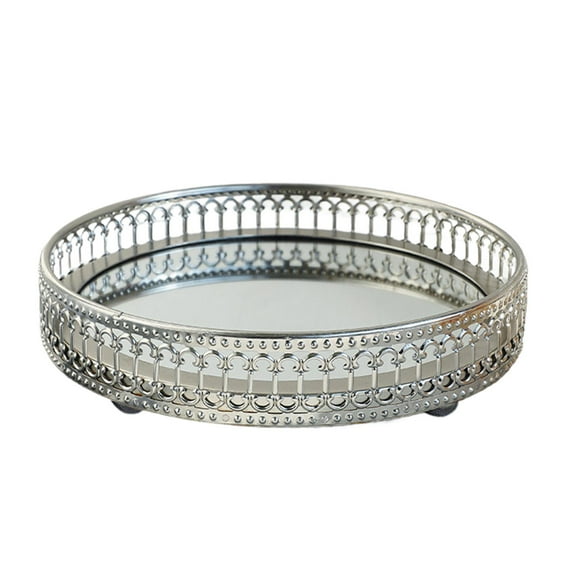 FashionCha Elegant Mirrored Decorative Tray, Mirror Tray, Metal Makeup Tray, Jewelry Trinket Tray for Dressing Table, Dresser Decoration Round S