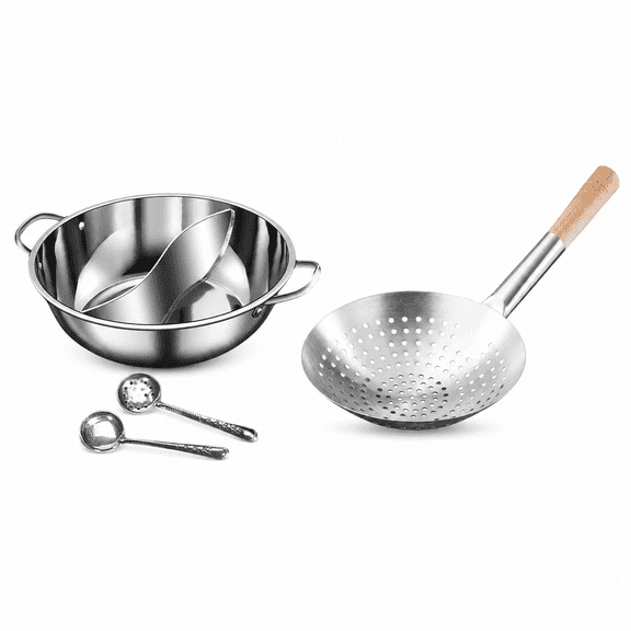 FashionCha Stainless Steel Divided Shabu Pot Skimmer Ladle Wooden Handle Slotted Spoon Induction Cooktop Family Gathering Deep Frying Home Cooks Chefs Versatile