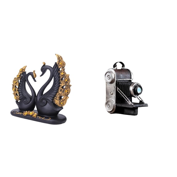 FashionCha Swan Couple Figurine with Camera Statue Resin Model Artistic Collectible Animal Sculpture Ornament Craft suitable for office bookshelf bar photo studio home