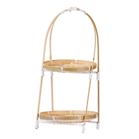 FashionCha Woven Bamboo Snack Stand Food Display Tray Versatile Snack Organizer Lightweight 2 Layer