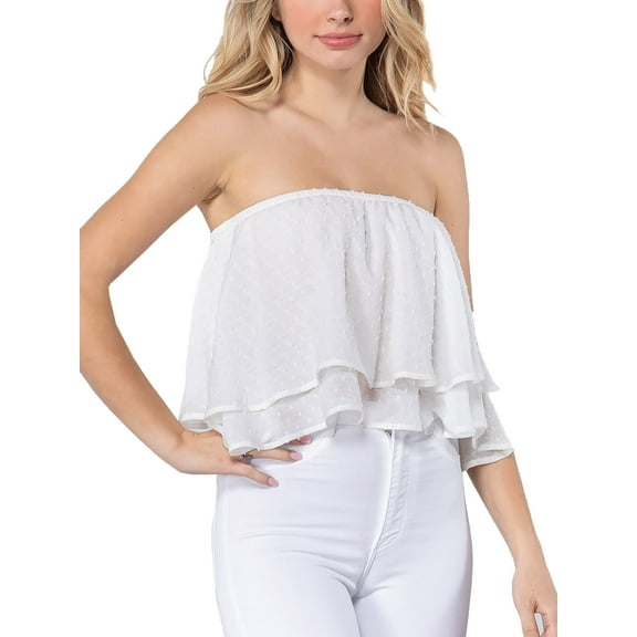 FashionMile Women Swiss Dot Woven Ruffled Flare Two Ply Off the Shoulder Tube Crop Top