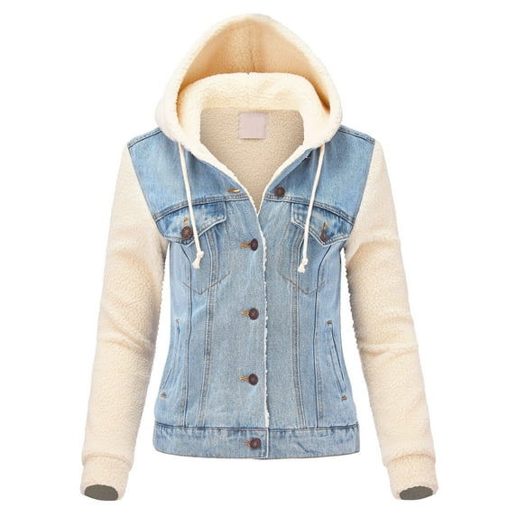 FashionMille Junior's Hooded Denim Jean Slim Fit Sherpa Trucker Jacket