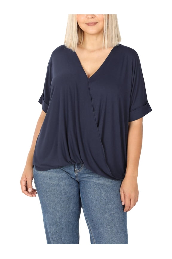Plus Size Women's V-Neck Draping Front Cross High Low Tunic T-shirt Top
