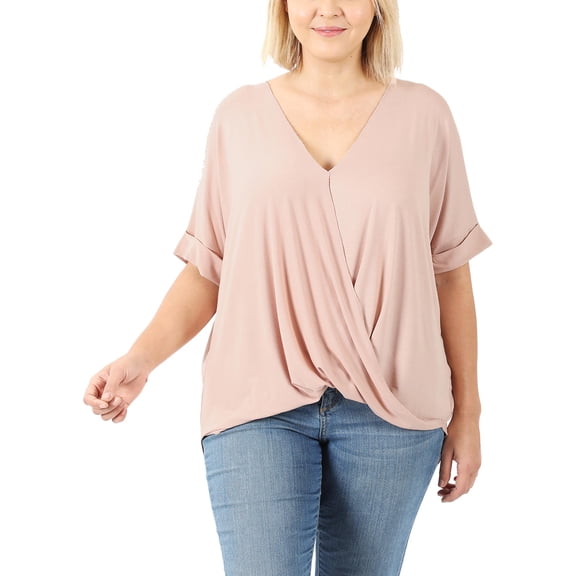 FashionMille Plus Size Women's V-Neck Draping Front Cross High Low Tunic T-shirt Top