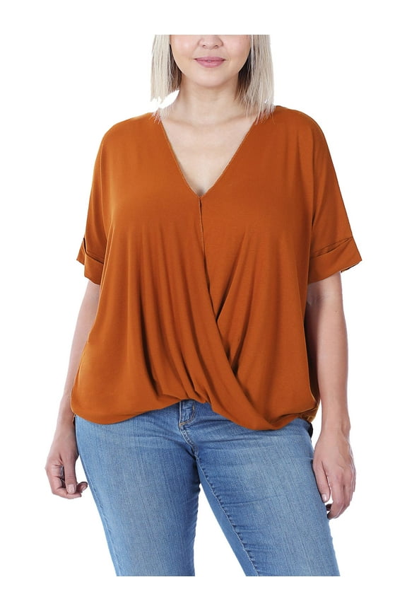 Plus Size Women's V-Neck Draping Front Cross High Low Tunic T-shirt Top