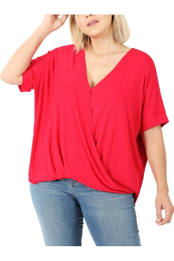 Plus Size Women's V-Neck Draping Front Cross High Low Tunic T-shirt Top
