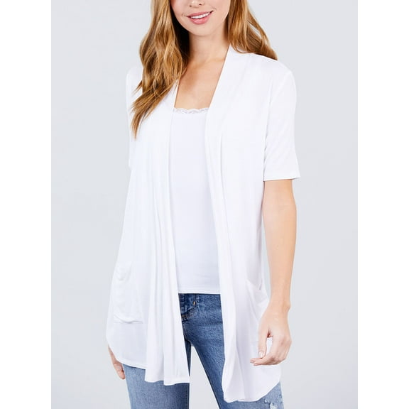 FashionMille Women Basic Casual Soft Jersey Elbow Sleeve Open Front Midi Cardigan w/Pockets