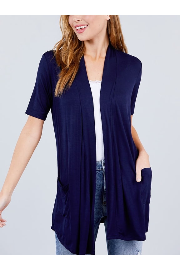 Women Basic Casual Soft Jersey Elbow Sleeve Open Front Midi Cardigan w/Pockets
