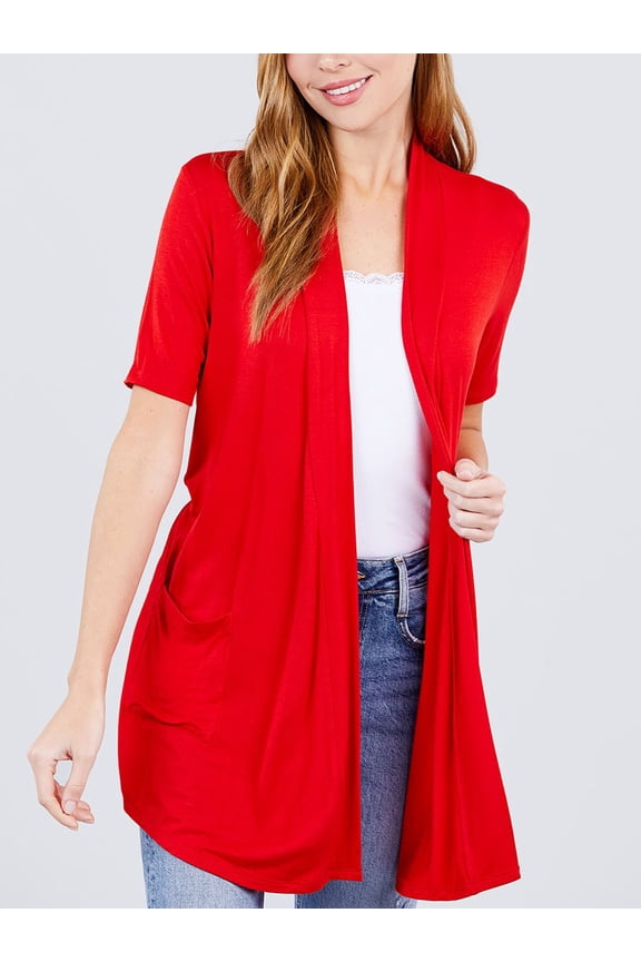 Women Basic Casual Soft Jersey Elbow Sleeve Open Front Midi Cardigan w/Pockets