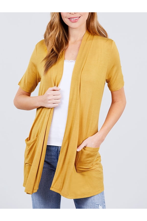 Women Basic Casual Soft Jersey Elbow Sleeve Open Front Midi Cardigan w/Pockets
