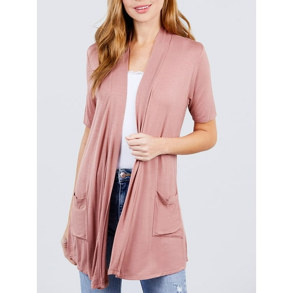 FashionMille Women Basic Casual Soft Jersey Elbow Sleeve Open Front Midi Cardigan w/Pockets