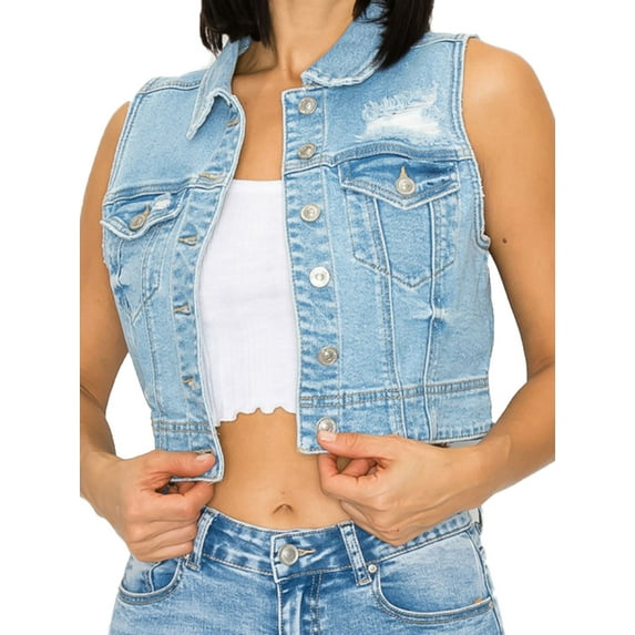 FashionMille Women Boxy Fit Washed Button Up Sleeveless Distressed Cropped Jean Denim Vest Jacket