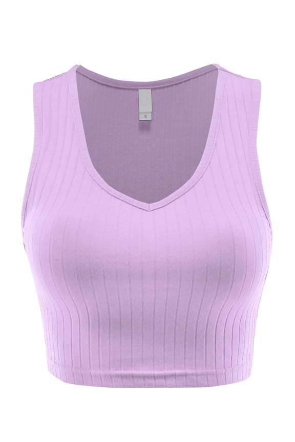 Women Casual V Neck Ribbed Knit Sleeveless Cami Crop Tank Top