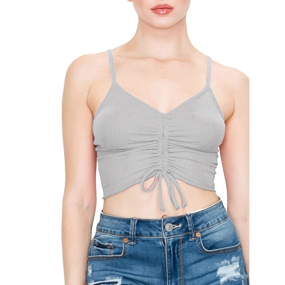 FashionMille Women Drawstring Front Ruched Spaghetti Strap Merrow Hem Rib Jersey Cami Crop Top - Made in USA