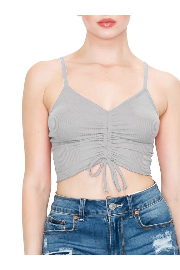 Women Drawstring Front Ruched Spaghetti Strap Merrow Hem Rib Jersey Cami Crop Top - Made in USA