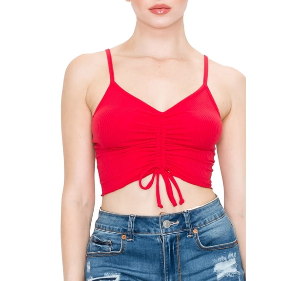 FashionMille Women Drawstring Front Ruched Spaghetti Strap Merrow Hem Rib Jersey Cami Crop Top - Made in USA