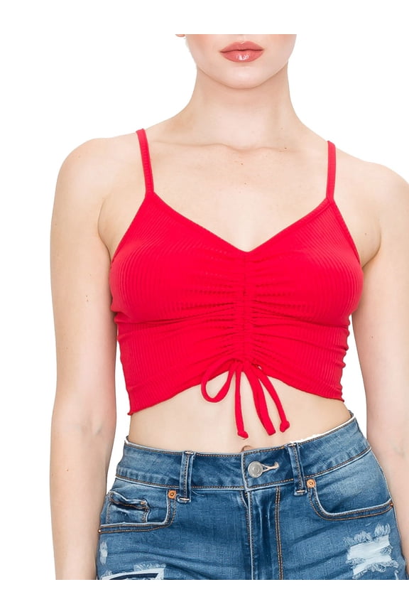 Women Drawstring Front Ruched Spaghetti Strap Merrow Hem Rib Jersey Cami Crop Top - Made in USA