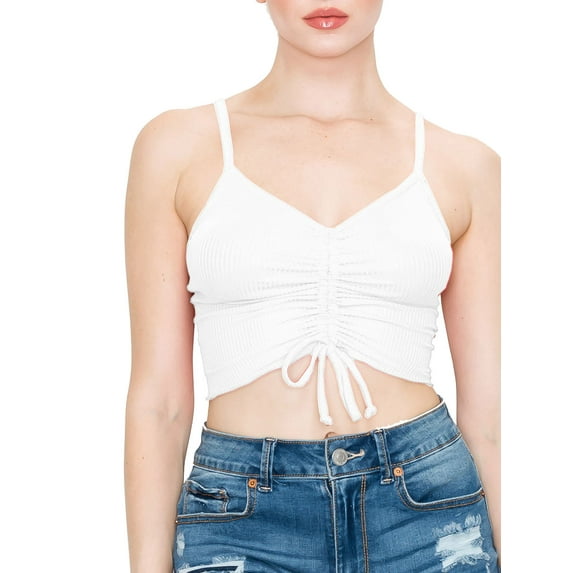 FashionMille Women Drawstring Front Ruched Spaghetti Strap Merrow Hem Rib Jersey Cami Crop Top - Made in USA