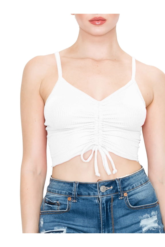 Women Drawstring Front Ruched Spaghetti Strap Merrow Hem Rib Jersey Cami Crop Top - Made in USA