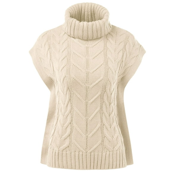 FashionMille Women Oversized Regular Fit Cable Knitted Vest Sweater High Neck Pullove Top