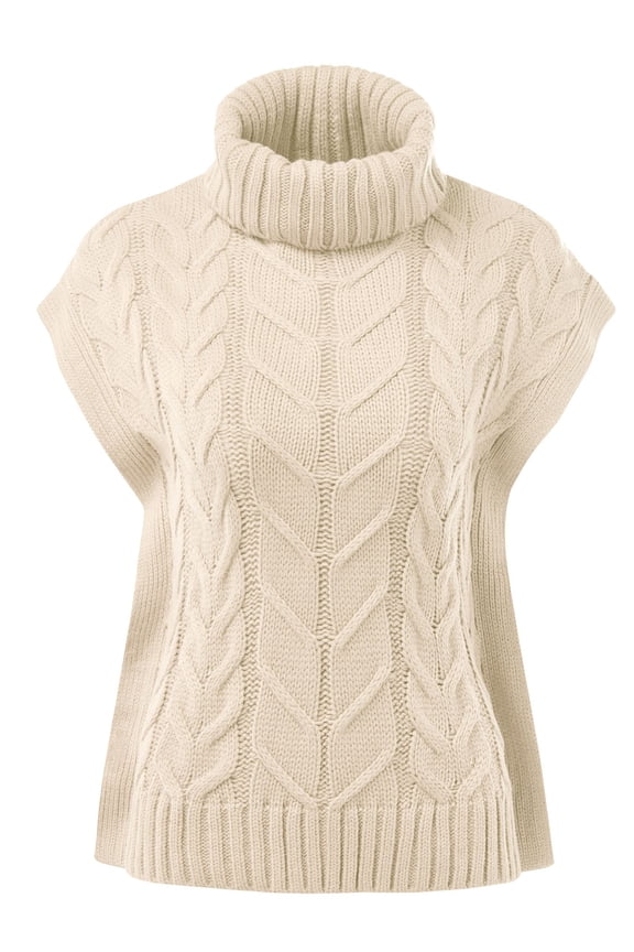 Women Oversized Regular Fit Cable Knitted Vest Sweater High Neck Pullove Top