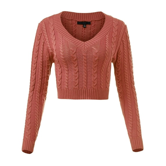 FashionMille Women Regular Slim Fit V-Neck Crop Top Long Sleeve Pullover Cable Knitted Sweater Top
