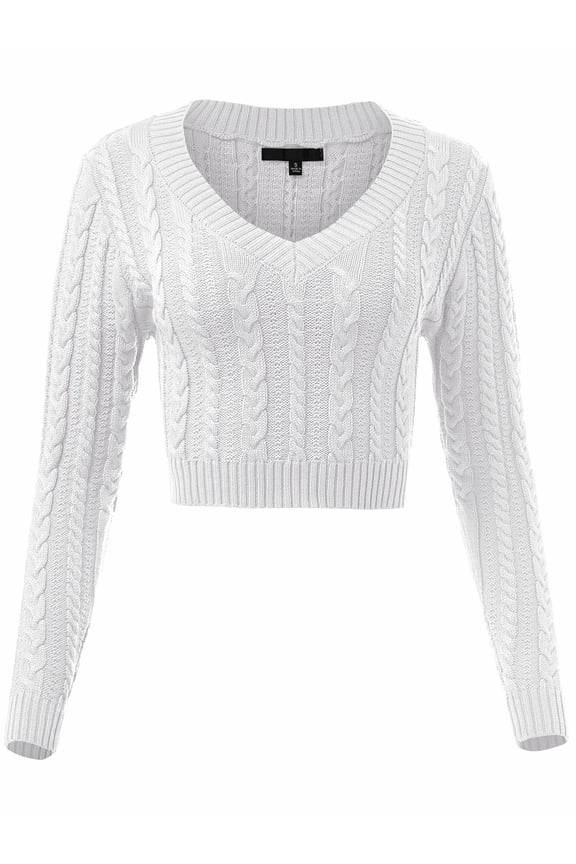 Women Regular Slim Fit V-Neck Crop Top Long Sleeve Pullover Cable Knitted Sweater Top