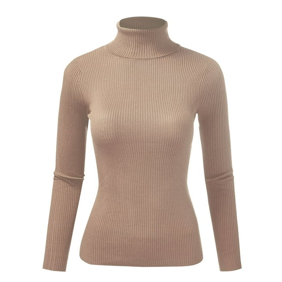 FashionMille Women Ribbed Knit Texture High Neck Long Sleeve Pullover Sweater