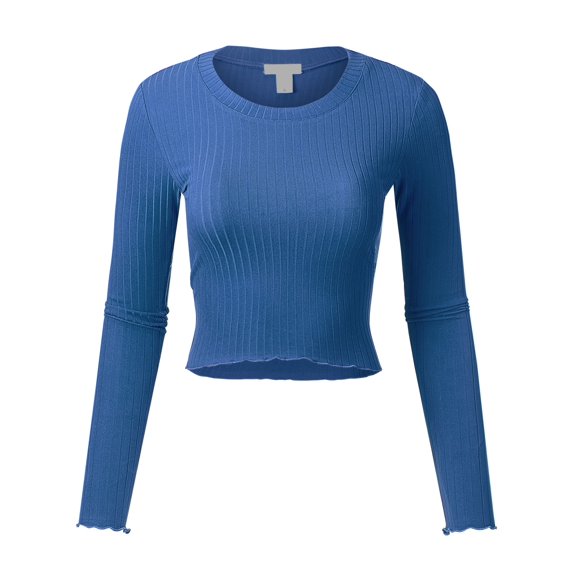 FashionMille Women Sexy Casual Long Sleeve Stretchy Slim Fit Rib Jersey Crop Top