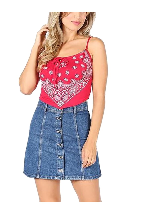 Women Sexy Paisley Bandana Drawstring Front Jersey Cami Crop Top-Made In USA