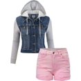 thumbnail image 1 of FashionMille Women Trucker Fleece Sleeve Denim Jacket With Raw Hem Ribbed Denim Shorts, 1 of 6
