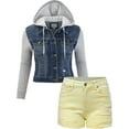 thumbnail image 1 of FashionMille Women Trucker Fleece Sleeve Denim Jacket With Raw Hem Ribbed Denim Shorts, 1 of 6