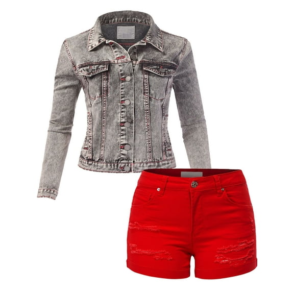 FashionMille Women Washed Black Denim Jacket With Raw Hem Ribbed Red Denim Short
