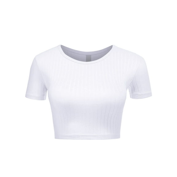 FashionMille Women's Basic Solid Crew Neck Stretch Ribbed Knit Short Sleeve Crop T Shirt Top