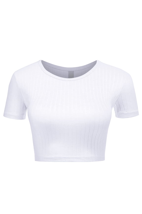 Women's Basic Solid Crew Neck Stretch Ribbed Knit Short Sleeve Crop T Shirt Top