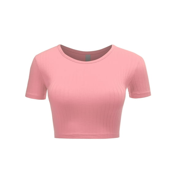 FashionMille Women's Basic Solid Crew Neck Stretch Ribbed Knit Short Sleeve Crop T Shirt Top