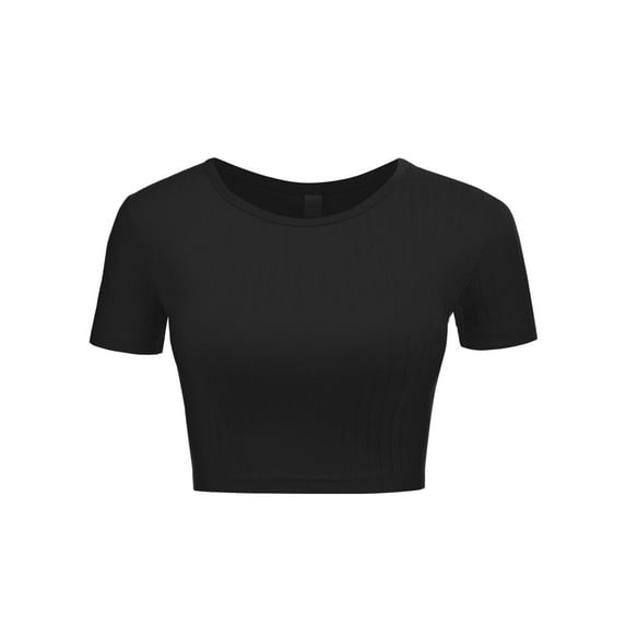 FashionMille Women's Basic Solid Crew Neck Stretch Ribbed Knit Short Sleeve Crop T Shirt Top