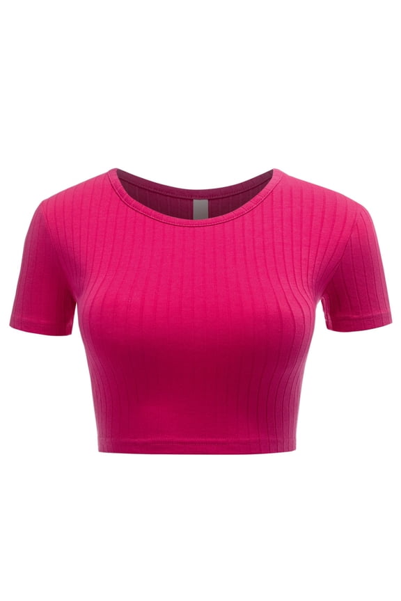 Women's Basic Solid Crew Neck Stretch Ribbed Knit Short Sleeve Crop T Shirt Top