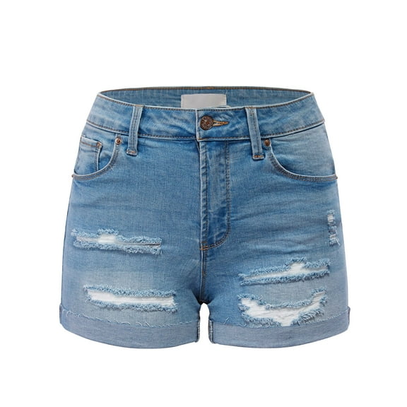 FashionMille Women's Casual Summer Mid Waist Streretch Denim Jean Raw Hem Ripped 3.5" Shorts with Pockets