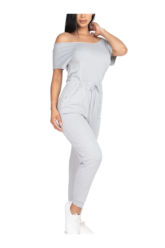 Women's Crewneck Off Shoulder Casual Loose Fit Drawstring Romper Jumpersuit