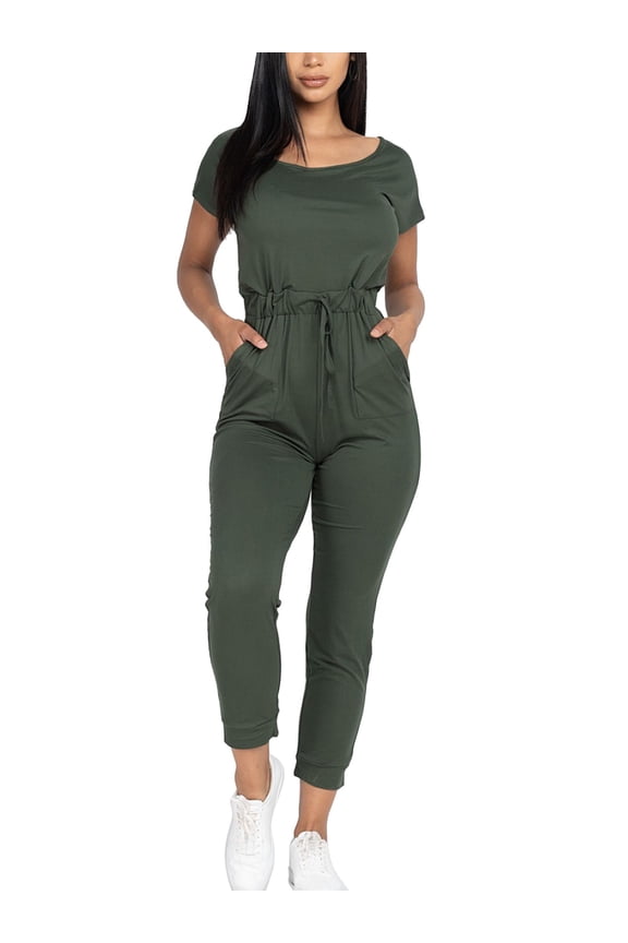 Women's Crewneck Off Shoulder Casual Loose Fit Drawstring Romper Jumpersuit