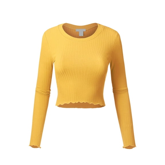 FashionMille Women's Long Sleeve Solid Slim Crop Top Round Neck Tee Stretch Shirt