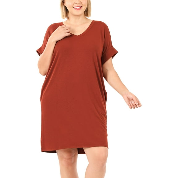 FashionMille Women's Plus V neck Drop Shoulder Comfy Midi Dress