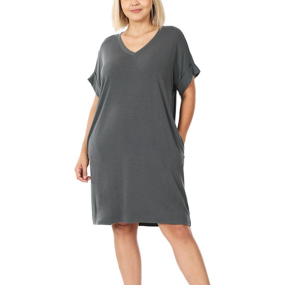 FashionMille Women's Plus V neck Drop Shoulder Comfy Midi Dress